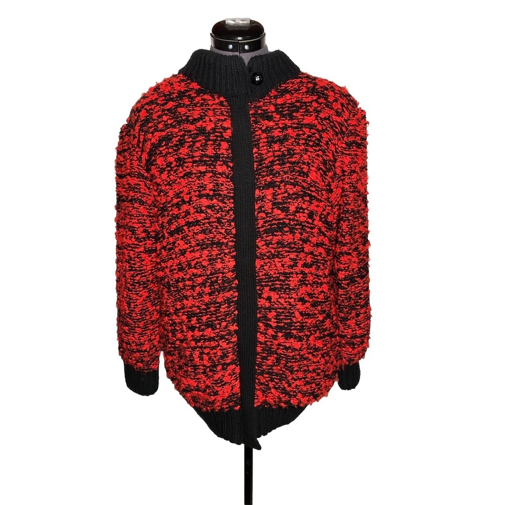 Vintage 80s Boucle Knit Sweater Jacket Red Black Zip B-40" L